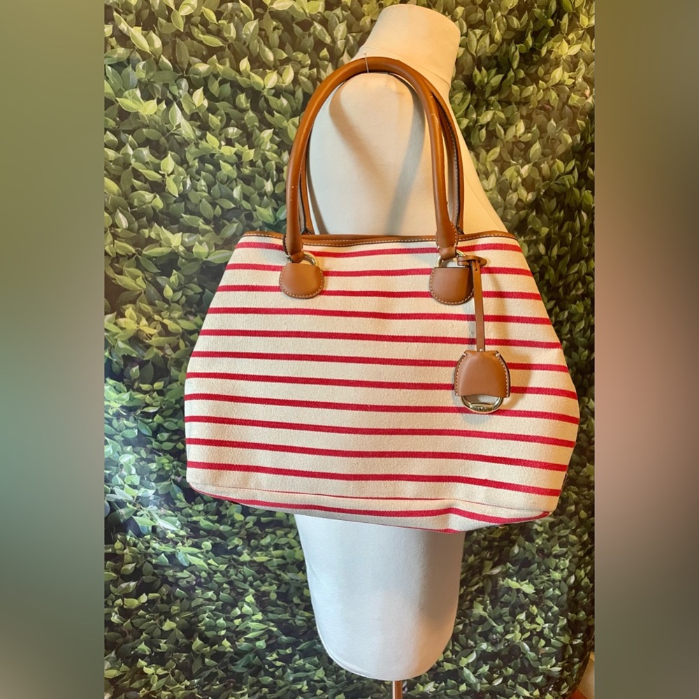 EUC Lauren Ralph LaurenStriped Red and Tan Canvas Tote